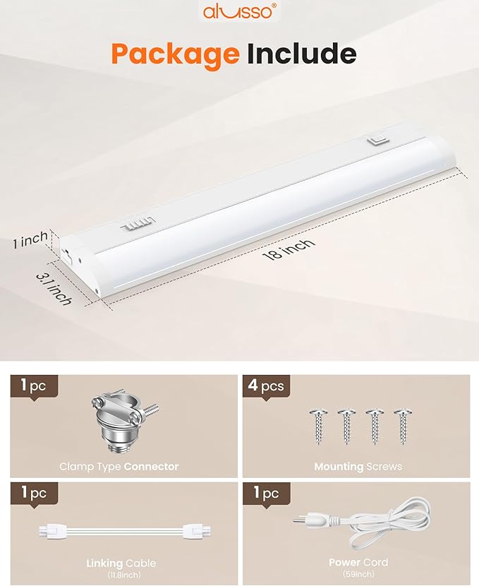 ALUSSO LIGHTING® 18 Inch LED Under Cabinet Lighting Hardwired & Plug in, 5CCT Color Selectable 2700K-5000K Dimmable 10W 850LM High Brightness, Linkable Strip Under Counter Lights for Kitchen, 1 Pack