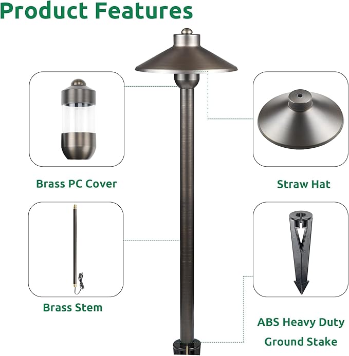 DOSHINE® Solid Brass Low Voltage Landscape Lighting Pathway Lights (7" Shade, 22" Tall) with Replaceable 3W G4 LED Bulb 3000K AC/DC 12V and Ground Stake for Outdoor Walkway Driveway (HAT, 6-Pack)