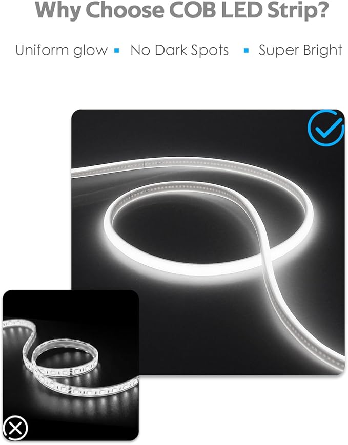 5M COB Led Strip Lights for Outdoor Waterproof LED Rope Lights 16.4ft Daylight White 6000K AC 110V ~120V Connectable Led Flexible COB Light for Indoor Ceiling Kitchen Cabinet Closet Cold White