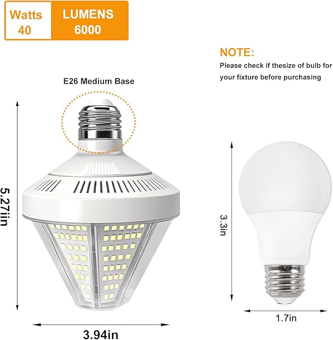 6000 Lumen LED Corn Cob Light Bulb, 40 watt, 400 watt Equivalent, 5000K Daylight Light, E26 E27 Base, Garage Light Bulb, 100-277v Energy Saving LED Lights for Indoor Outdoor 2 Pack