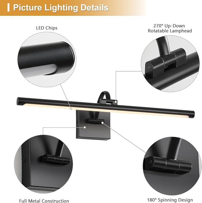 Black Picture Lights for Wall Hardwired LED Picture Lighting Dimmable Gallery Light Art Light for Wall Portrait Artwork 23.62 inch 14W Warm White