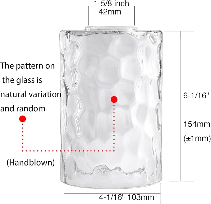 3 Pack Clear Hammered Glass Lamp Shade Replacement, 1-5/8 Inch Fitter, 6-1/16" Tall, Water Ripple Cylinder Glass Lighting Fixture Lampshade Globe Cover for Chandelier Pendant Light Wall Sconce