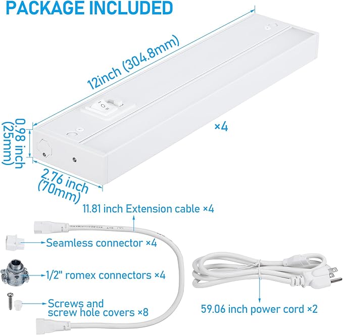 TORCHSTAR 12 Inch LED Under Cabinet Lighting 5CCT, 8W 600LM, Hardwired & Plug-in, 5 Color Selectable CRI90 120V ETL T24 Listed Dimmable Under Counter Lights for Kitchen, White Aluminum Housing, 4 Pack