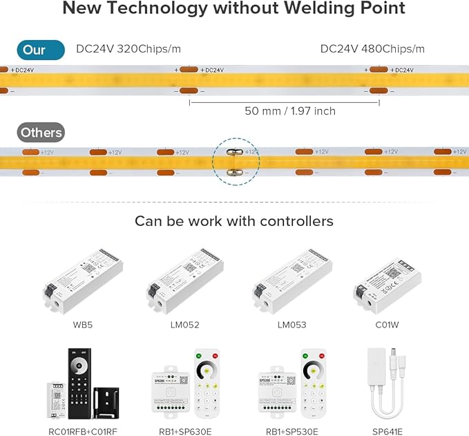 16.4FT COB LED Strip Lights Dimmable DC 24V 2700K Warm White 480LEDs COB Strip, Adhesive Flexible Cuttable Strip Lights for DIY Home Decor Shelf Cabinet (No Adapter or Controller)