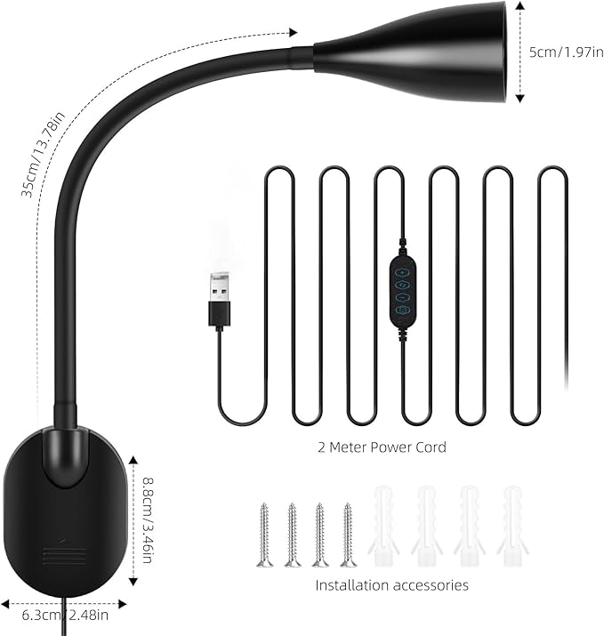 Wall-Mounted LED Bedside Reading Light with USB Charging Port, 10-Level Dimmable & Adjustable 5 Color, Plug-in Adhesive Night Lamp for Books in Bed, Eye-Caring Bedroom Lighting (Black 2 Pack)