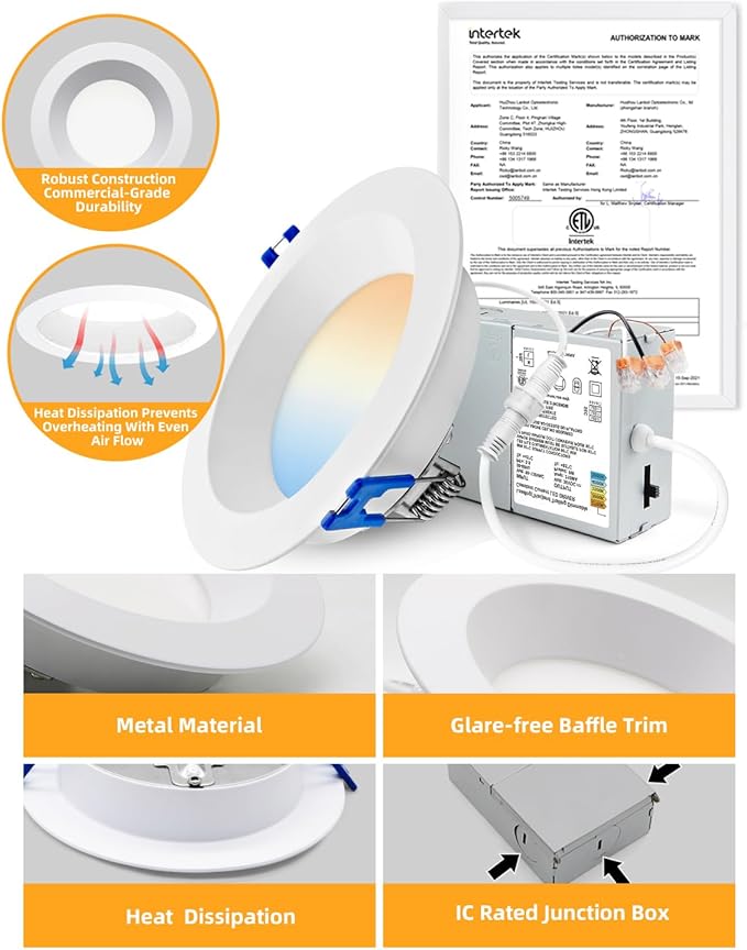 Adetu 4 Inch Anti-Glare LED Downlight,Dimmable Ceiling Light with 5CCT Reset,Selectable from 2700K to 5000K - 12W 1080LM, ETL Certified (White, 12 Pack Round)