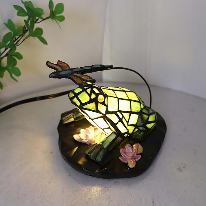 Bieye L12014 Frog Table Lamp Tiffany Style Stained Glass Accent Night Light for Home Décor Nursery Bedside (Staring at Dragonfly)