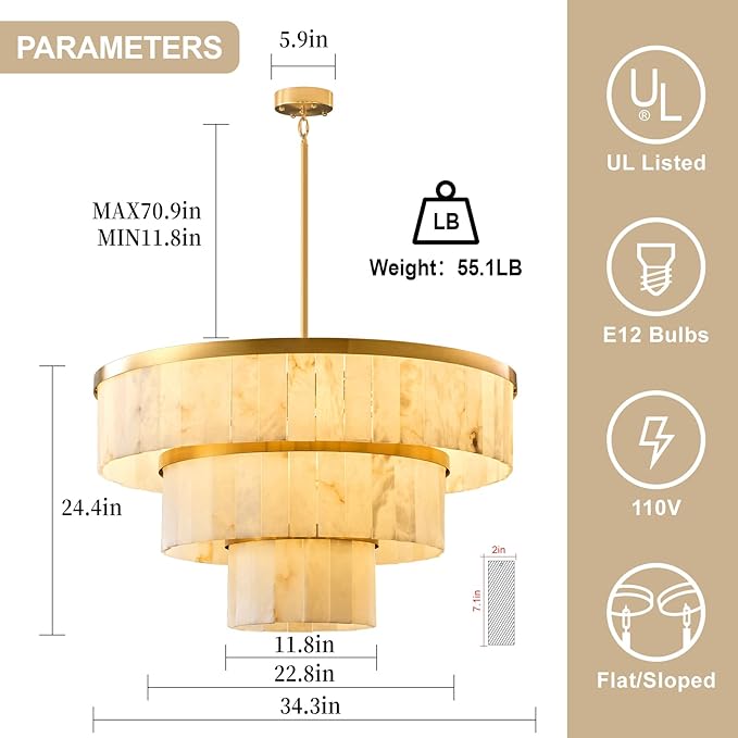 D34.3 Round Alabaster Chandelier, 3-Tier Brass Marble High Ceiling Chandeliers, Modern Dining Room Chandeliers Living Room Light for Entryways, Foyer, Stair, Kitchen Gold(Include Bulbs)