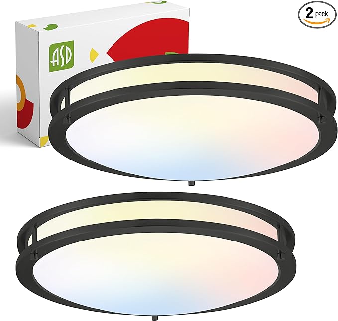 ASD LED 18" Round Flush Mount Lighting, Close to Ceiling Light Fixture | 3CCT, Dimmable, Energy Star, ETL Listed | 28W 2250LM 3000-5000K 120V | Low Profile Double Ring Lamp | Black, 2 Pack