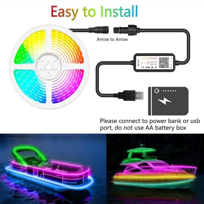 Smart WS2812B RGB+IC Addressable Led Strip Light, 16.4FT 5V USB Powered Around Snowboard Lights, IP65 Waterproof Dream Color Chasing Boat Lights for Golf Cart, RV, Home, APP/Remote Control, Cuttable