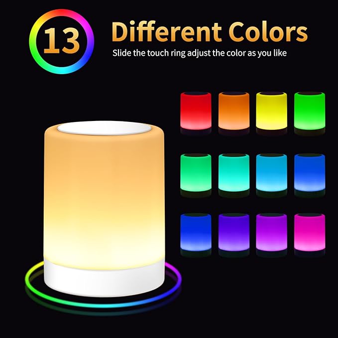 OORUN Touch Bedside Table Lamp,13 RGB Colors & 5 Brightness, USB Rechargeable Desk Lamp, Remote Control Dimmable Night Light with RGB Color Changing,Portable Lamp for Baby (2 Pack White)