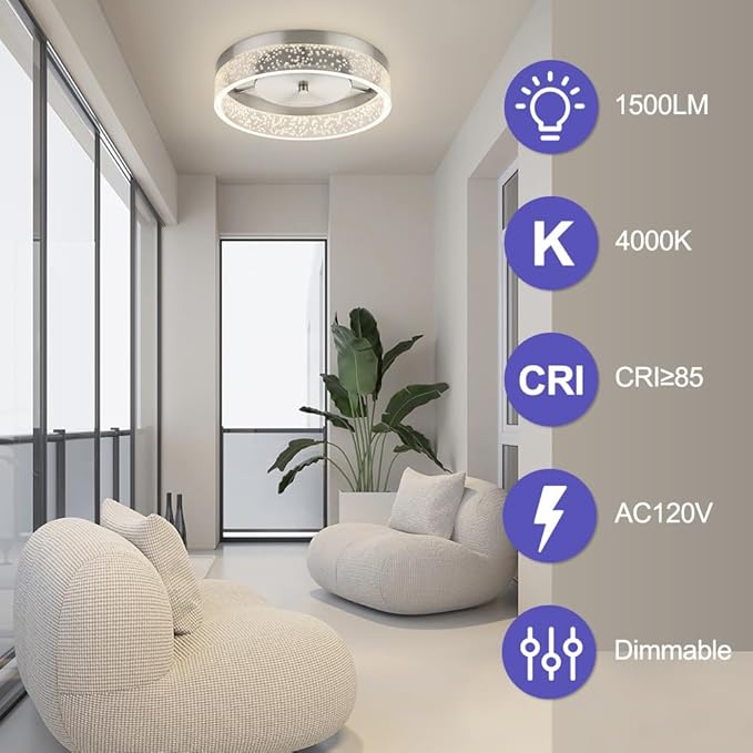 LED Flush Mount Ceiling Light Fixture, 12In Crystal Chandelier with Clear Bubble Acrylic, Modern Ceiling Lighting for Dining Room, Bedroom, Living Room, Kitchen, Brushed Nickel, 4000K Dimmable