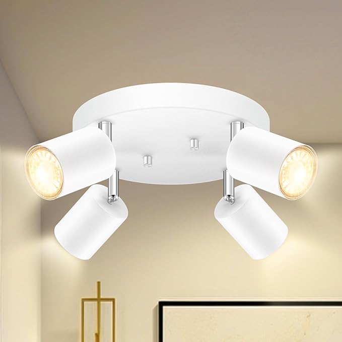 BoostArea LED 4 Light Track Lighting Kit, LED Track Lighting Fixtures, White Round Ceiling Spot Lighting, Flexibly Rotatable Light Head for Kitchen, Living Room, Bedroom, GU10 Bulb Not Included