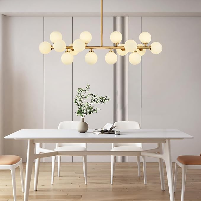 KCO Lighting Modern Glass Linear Pendant Light White Globe Chandelier Light Fixture Gold Rectangle Chandelier 16 Light Brass Globe Sputnik Dining Room Chandelier Mid Century Pendant Light
