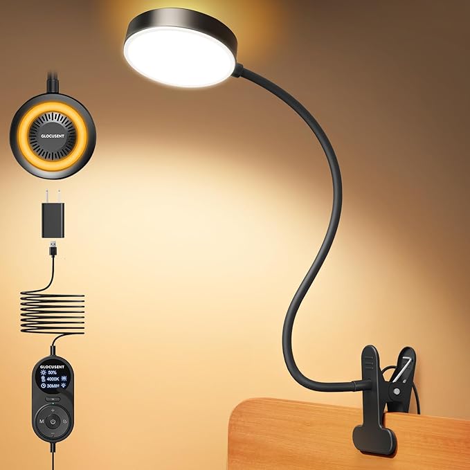 Glocusent Clip on Light, 72 LEDs Clip on Lamp with Amber Night Light, 3 Colors & 5 Brightness Bed Lamp, 30/60-Min Auto Off Timer, Perfect Eye Caring Reading Lamps for Bed/Bunk Bed/Headboard/Table/Desk