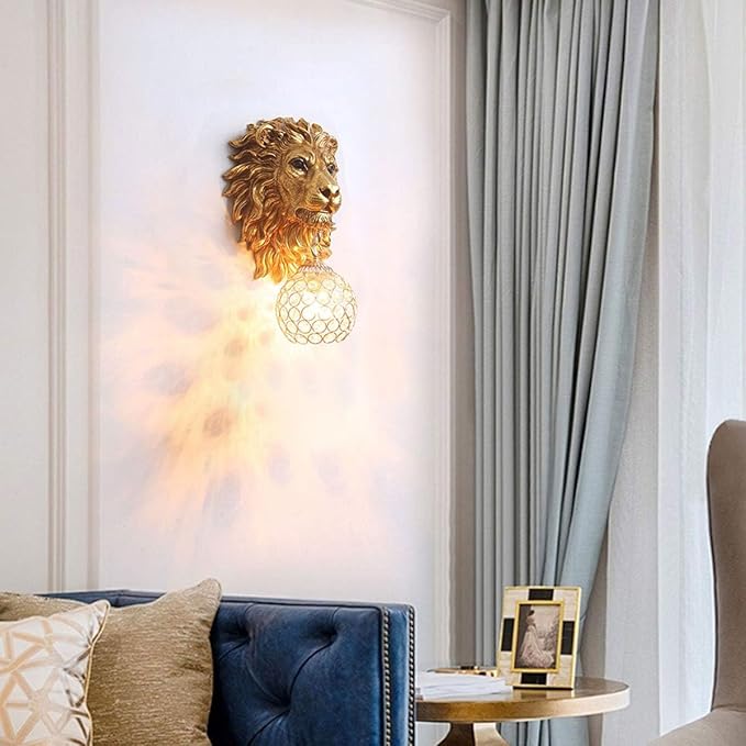 Vintage Wall Sconces Set of Two, Gold Lion Sconces Wall Decor Set of 2, Decorative Resin Animal Wall Light with Crystal Beaded Shade, Luxury Wall Lamp for Living Rooom Bedroom Hallway Stairway