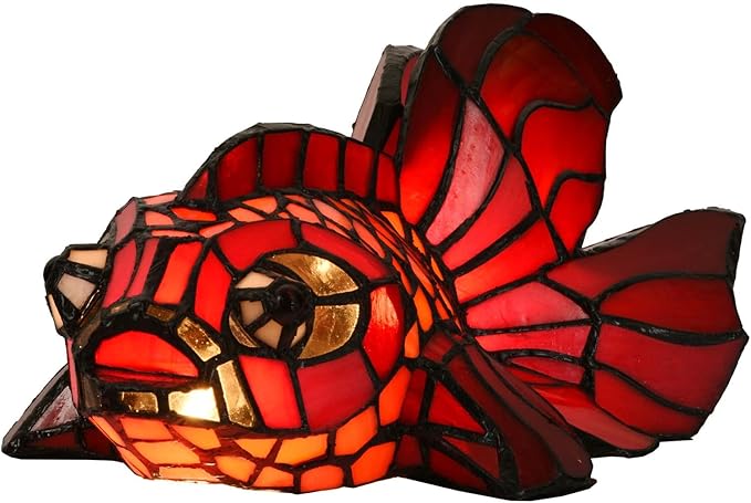 Bieye L10827 Red Telescope Fantail Goldfish Tiffany Style Stained Glass Table Lamp for Home Décor