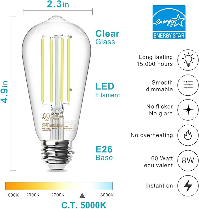 TJOY Edison Light Bulbs 60W Equivalent, Dimmable Vintage LED Light Bulbs, E26 Medium Base, 5000K Daylight, ST58, 8W, 800LM, Ultra-Bright, 80+CRI, Antique Decorative LED Filament, Clear Glass, 4 Pack