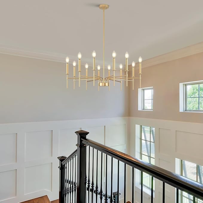 Modern Farmhouse Gold Chandeliers for Dining Room Light Fixture, 12-Light Metal Candle Chandeliers Lighting for Foyer Living Room Staircase Entryway Bedroom