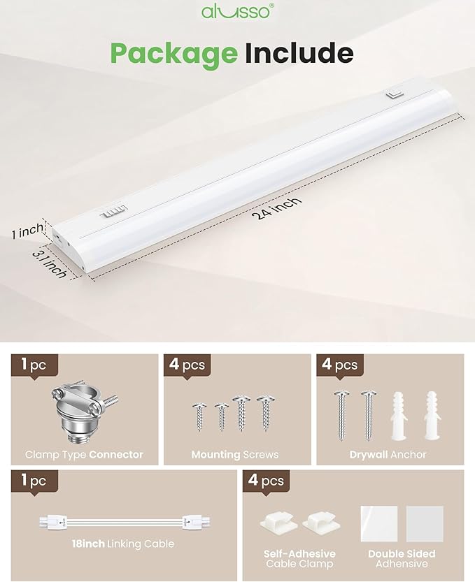 ALUSSO LIGHTING® 24 Inch LED Under Cabinet Lighting Hardwired, 5CCT Color Selectable 2700K-5000K Dimmable 15W 1200LM High Brightness, CRI 90 Strip Linkable Under Counter Lights for Kitchen, 1 Pack