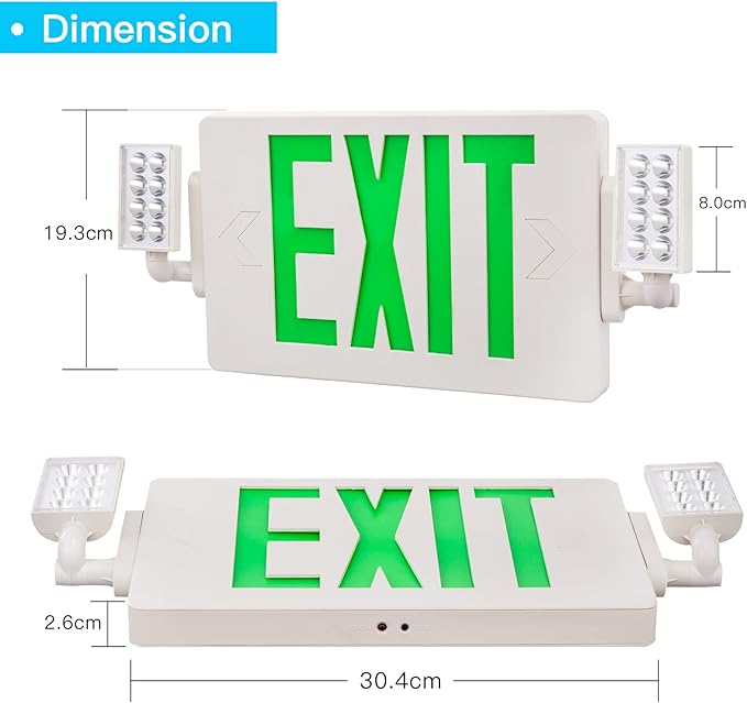 6 Pack Led Green EXIT Sign with Emergency Lighting with Battery Backup&Adjustable Two Head-US Standard-Hardwired-Exit Sign-120VAC-277VAC for Home Power Failure