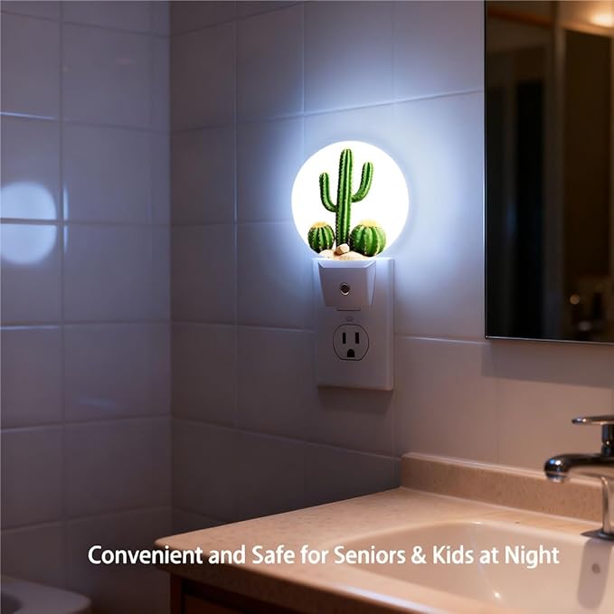 Plug-in Green Cactus Night Light Desert Cacti Night Lights Plug into Wall with Auto on/Off Sensor, 0.5W LED Nightlight for Bedroom Bathroom Kitchen Hallway