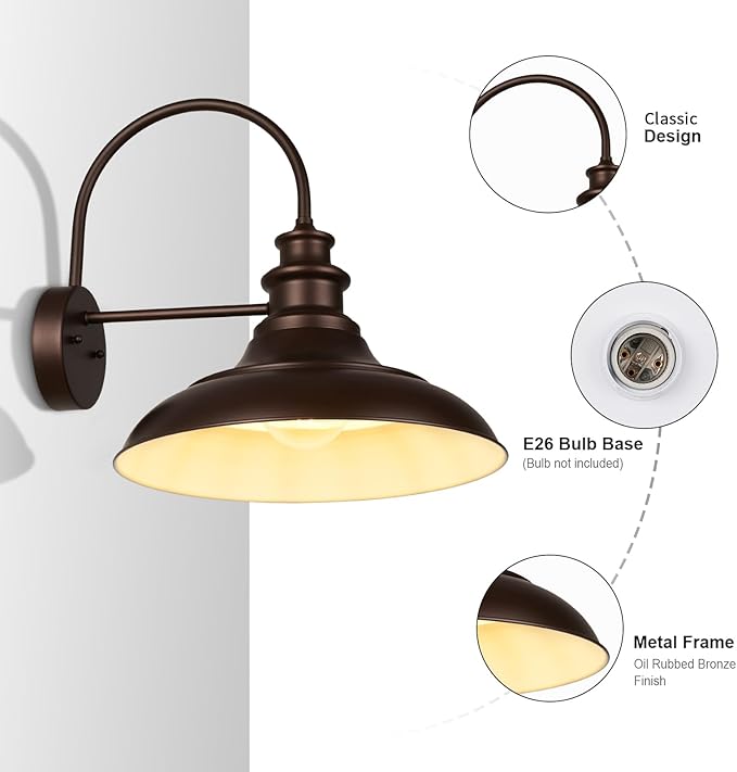 Outdoor Barn Light Fixtures, 16 Inch Large Dome Farmhouse Exterior Wall Mount Lights, Rustic Wall Sconces Indoor Wall Lighting, Industrial Bronze White Lanterns for Porch, 2 Pack