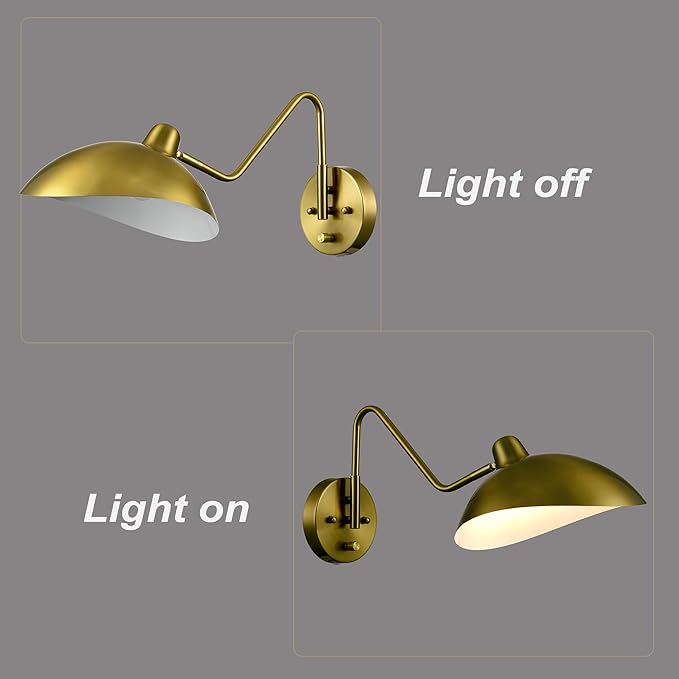 Plug-in Wall Sconce Gold Swing Arm Wall Sconce Brass Wall Lamp with on/Off Switch for Bedroom Set of 2
