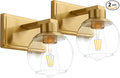 Brushed Brass Bathroom Sconces Set of 2, Gold Wall Sconces Set of Two, Bathroom Vanity Light with Clear Glass Shade, Modern Wall Light Fixtures for Bath Mirror Hallway Bedroom Living Room, Hardwired