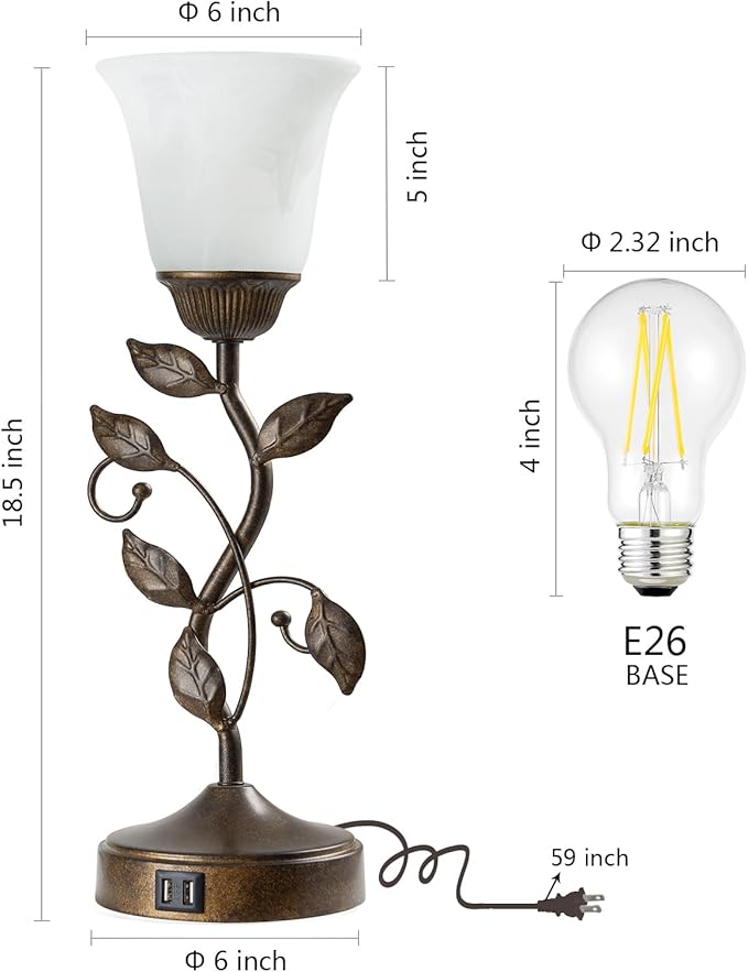 RORIANO Touch Bedside Table Lamp, Vintage Nightstand Lamp with 2 USB Ports for Living Room, 3 Way Dimmable Leaf Lamp Retro Table Lamp for Bedroom with White Glass Shade, LED Bulb Included