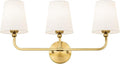 Bathroom Light Fixtures, Brushed Gold Vanity Lights with Flared White Fabric Shade, 3 Light Wall Sconce, Modern Sconces Wall Lighting for Hallway Bedroom, VL837-BG-3