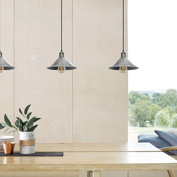 Brushed Silver Cone Pendant Light Shade Metal Farmhouse Hanging Light Fixture Replacement Lamp Shade for Ceiling Fan or Kitchen Island Lighting (Brushed Silver, Pack of 1)