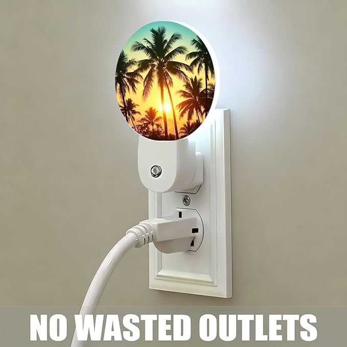Plug-in Serene Beach Night Light Tropical Sunset with Palm Tree Silhouettes Nightlight with Dusk to Dawn Sensor, Auto On/Off 0.5W Energy-Saving LED Lighting Sleep Friendly