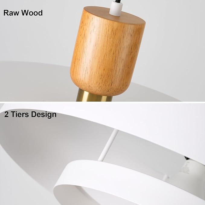 Modern Large Pendant Light 19.68 inch, 2 Tiers Matte White Shade, Natural Wood and Brass Accent, Mid Century Chandelier for Dining Room,Kitchen,Living Room