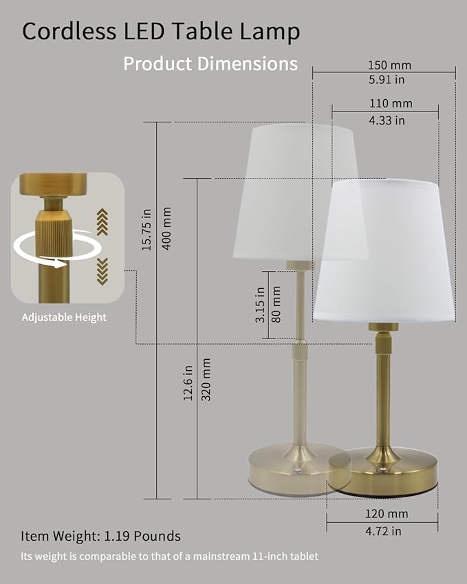 Cordless Table Lamp Rechargeable Touch Gold Mini Small Lamp Adjustable Height 5200mAh Battery Operated with Stepless Dimming Function for Bedroom Nightstand Bathroom Kitchen Counter Home Decoration