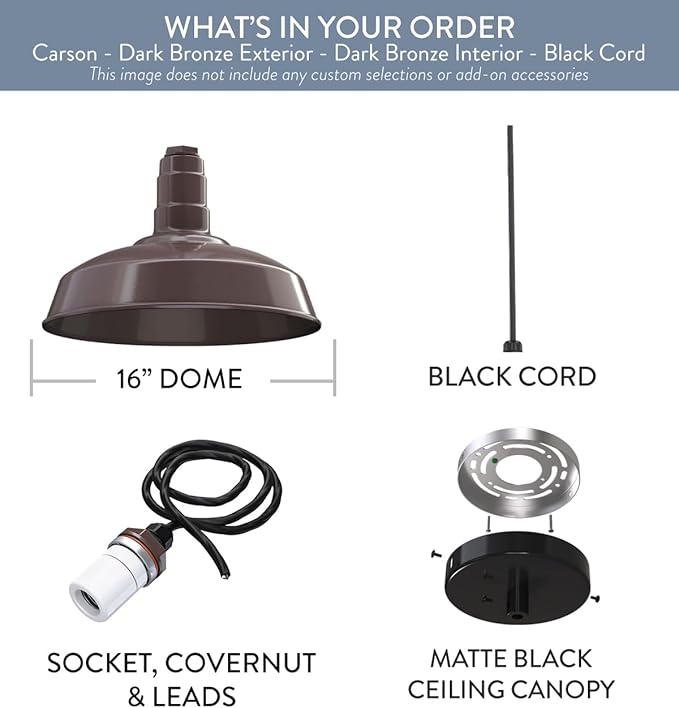 Steel Lighting Co. Carson Barn Light | Ceiling Mounted Pendant | 16 inch Dome | Black Cord | Industrial Style Steel Light Made in America | Dark Bronze Exterior/Dark Bronze Interior