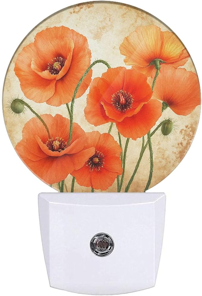 EKOBLA Floral Night Lights Plug into Wall Vintage Poppy Flower Red Orange Night Light LED Round Lamp for Boys Girls, Dusk to Dawn Sensor Nightlight for Stairway Hallway Kitchen