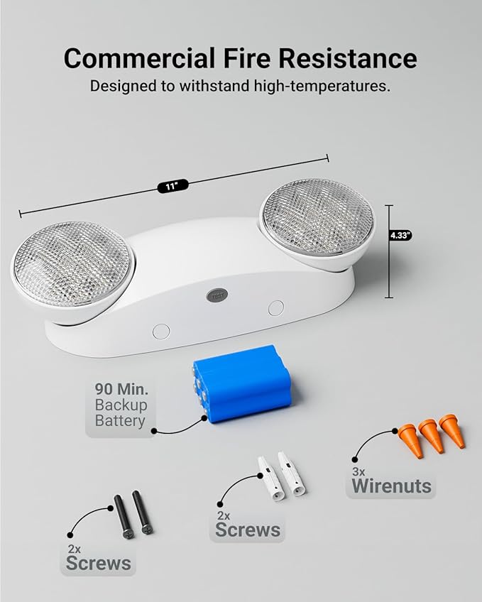 Sunco 72 Pack Emergency Light Outdoor LED, Backup Battery, Two Adjustable Bug Eye Head Lights, 94V-0 Fire Resistant, 6500K, 200 Lumens 120-277V, 2W, Wall Mount, White UL
