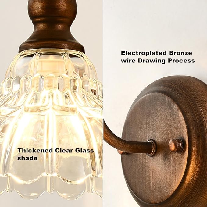 Bronze Wall Sconce Vintage Wall Light Fixtures for Living Room 1-Light Bathroom Vanity Light Hradwired Modern Wall Lamps with Clear Glass Flower Shade for Bedroom Hallway Bathroom