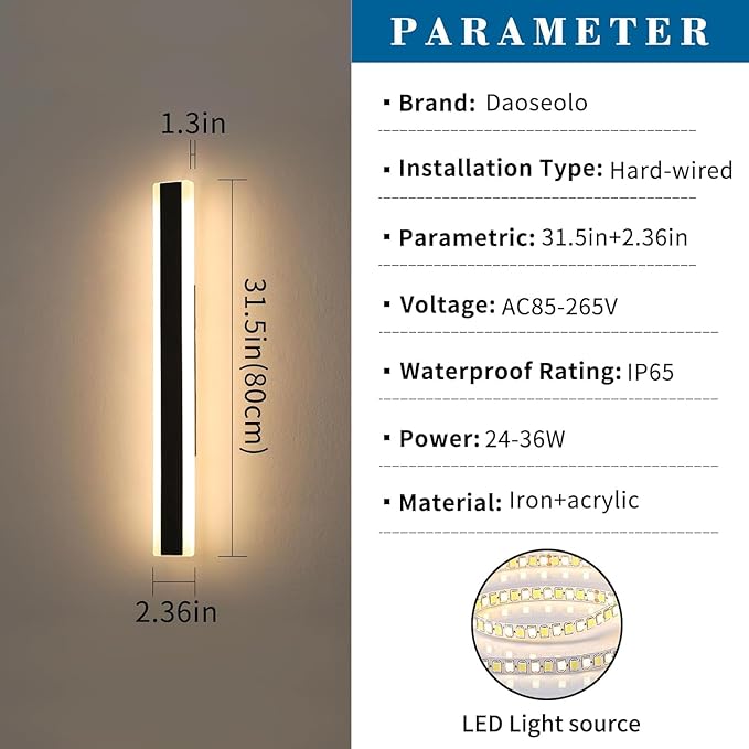 2 Pack 31.4inch Modern Outdoor LED Wall Sconces, Dimmable 3000K-6000K with Remote Control, IP65 Waterproof Black Aluminium Long Exterior Wall Light Fixture for Porch, Patio, Garage, Yard