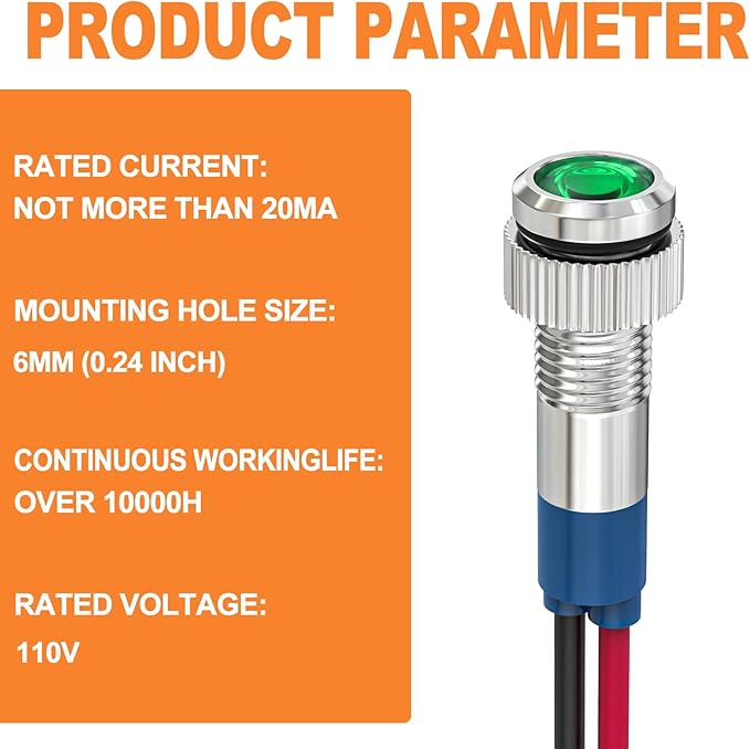 GASHER 5 PCS Energy Saving Indicator Light, LED Light 12V/24V/110V 20mA Panel Mount Light, Mounting Hole Size 6mm Green LED (110V)