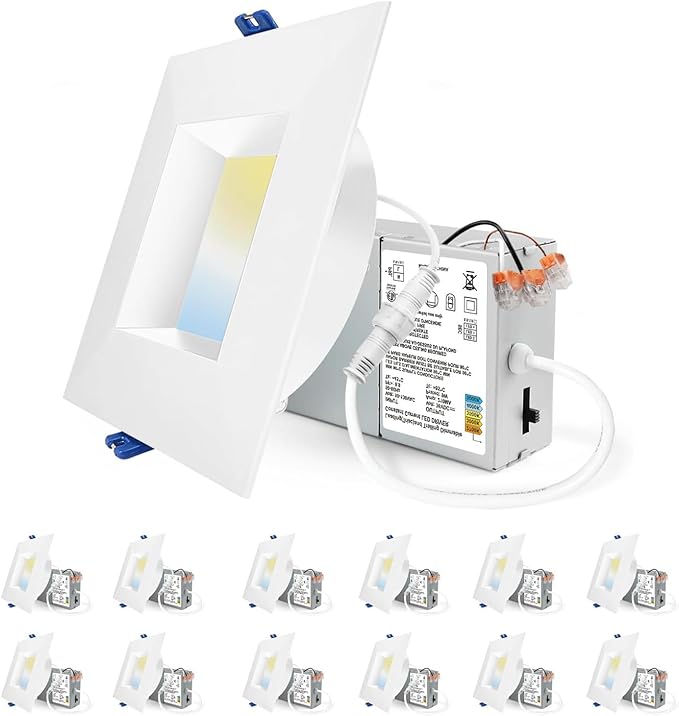 Adetu 4 Inch Anti-Glare LED Downlight,Dimmable Ceiling Light with 5CCT Reset,Selectable from 2700K to 5000K - 12W 1080LM, ETL Certified (White, 12 Pack Square)
