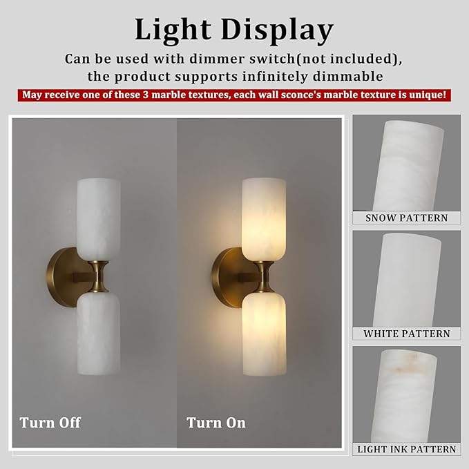 Alabaster Wall Sconce, 14in Modern Spanish Natural Marble Bathroom Vanity Sconces, Unique Indoor Brass Wall Lighting,Gold Fixtures Decor for Bedroom Living Room Staircases