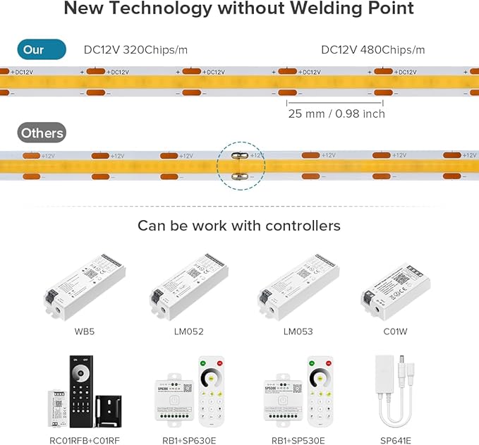 16.4FT COB LED Strip Lights Dimmable DC 12V 2700K Warm White 320LEDs COB Strip, Adhesive Flexible Cuttable Strip Lights for DIY Home Decor, Shelf, Cabinet (No Adapter or Controller)
