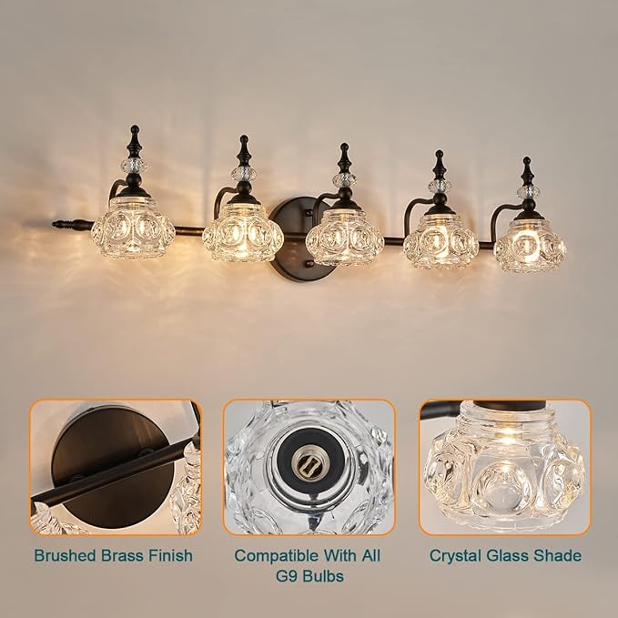 5-Light Vintage Bathroom Vanity Light, Black Bathroom Vanity Light Fixtures Painted Black Surface, Thick Crystal Glass Shade, Vintage Wall Sconce for Bathroom, Bedroom, Living Room
