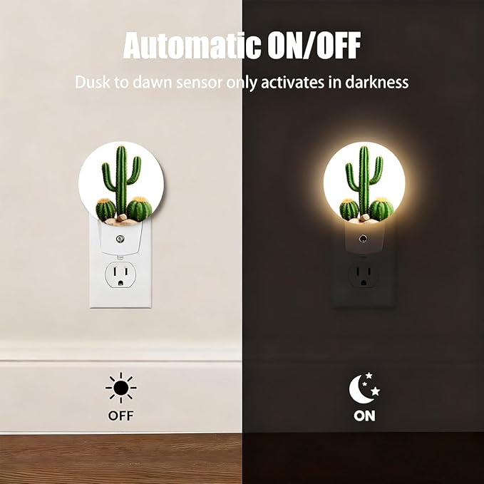 Plug-in Green Cactus Night Light Desert Cacti Night Lights Plug into Wall with Auto on/Off Sensor, 0.5W LED Nightlight for Bedroom Bathroom Kitchen Hallway