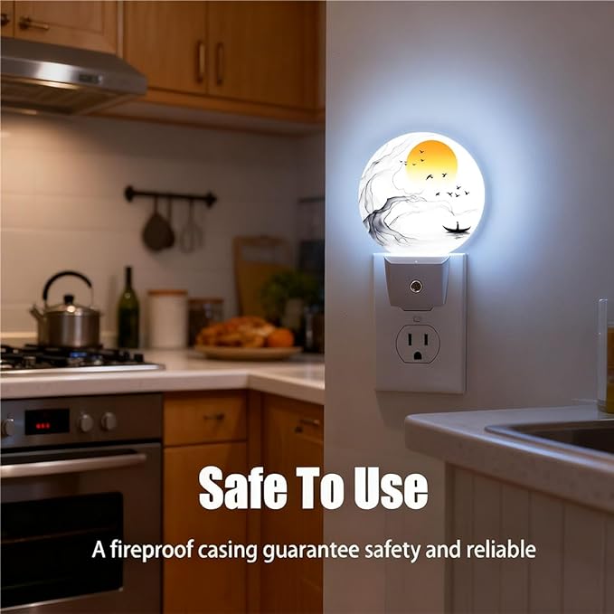 Plug-in Zen Ink Art Night Light Boat Birds and Sunset Nightlight with Dusk to Dawn Sensor, Auto On/Off 0.5W Energy-Saving LED Lighting for Men Women Boys Girls Gift