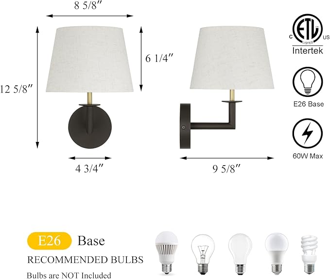 XiNBEi Lighting 1 Light Wall Sconce Fixtures with Linen Fabric Shade, Industrial Wall Light Lamps Decor for Bedroom Entry Living Room Bathroom Stairway XB-W490-DBS