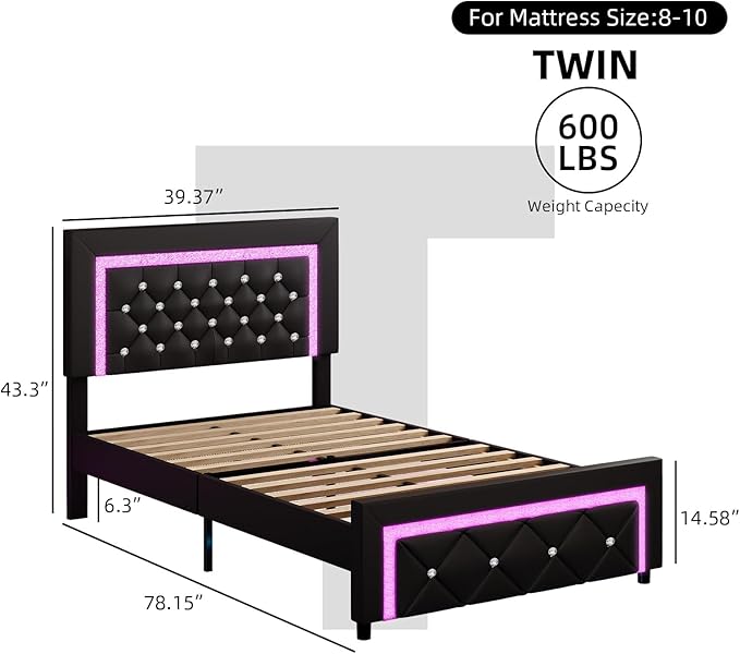 BarnFurin Twin Bed Frame with LED Lights, Upholstered Platform Bed with Diamond Tufted Headboard, No Box Spring Needed, Noise Free, Easy Assembly, Black
