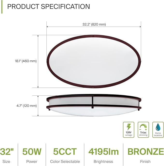ASD LED 32" Oval Flush Mount Lighting, Close to Ceiling Light Fixture | 5CCT, Dimmable, ETL Listed | 50W 3960LM 2700-5000K 120V | Low Profile Double Ring Lamp | Dark Bronze, 2 Pack